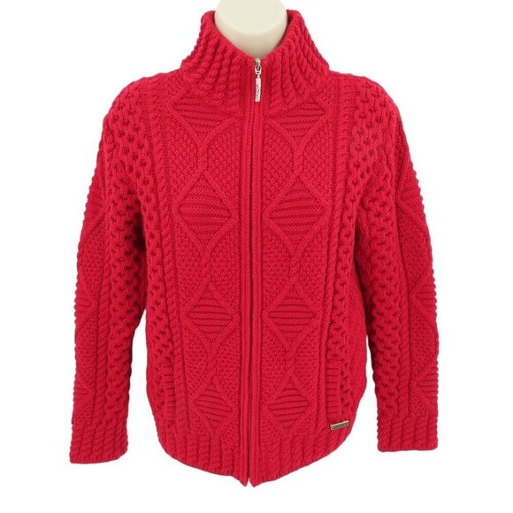 Blarney Aran Originals Womens XS Extra Small Red Wool Chunky Knit Zip Sweater - Picture 1 of 10